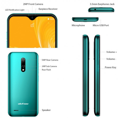 [Entrepôt HK] Ulefone Note 8, 2 Go + 16 Go, Deux caméras arrière, identification de visage, 5,5 pouces Android 10,0 GO MKT6580 Quad-core jusqu'à 1,3 GHz, réseau: 3G, double SIM (vert) SU494G1210-017
